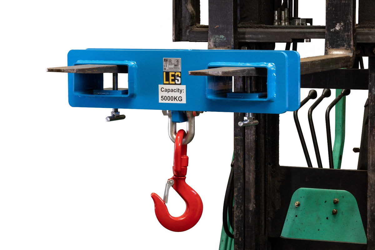 A 5 tonne forklift hook attachment which provides the ability to transform your forklift into a lifting point for heavy loads that can't be lifted with the forklift forks.