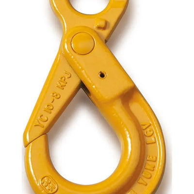 A bright yellow safety hook with a looped top and a large curved bottom jaw, photographed on a clean white background. The hook has molded text including 'YC 10-8 KGP' and '10-8 YC-01'.
