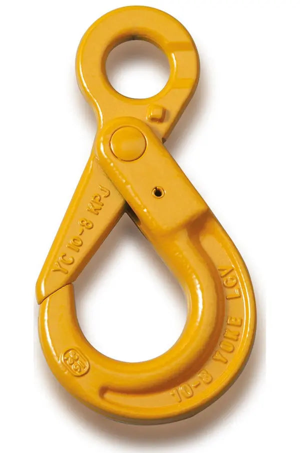 A bright yellow safety hook with a looped top and a large curved bottom jaw, photographed on a clean white background. The hook has molded text including 'YC 10-8 KGP' and '10-8 YC-01'.